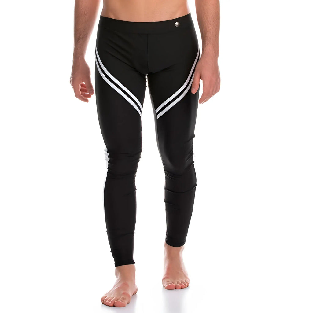 Black swim trunks with white diagonal stripes and a metallic button at the waistband from gigo enigmatic black leggins collection