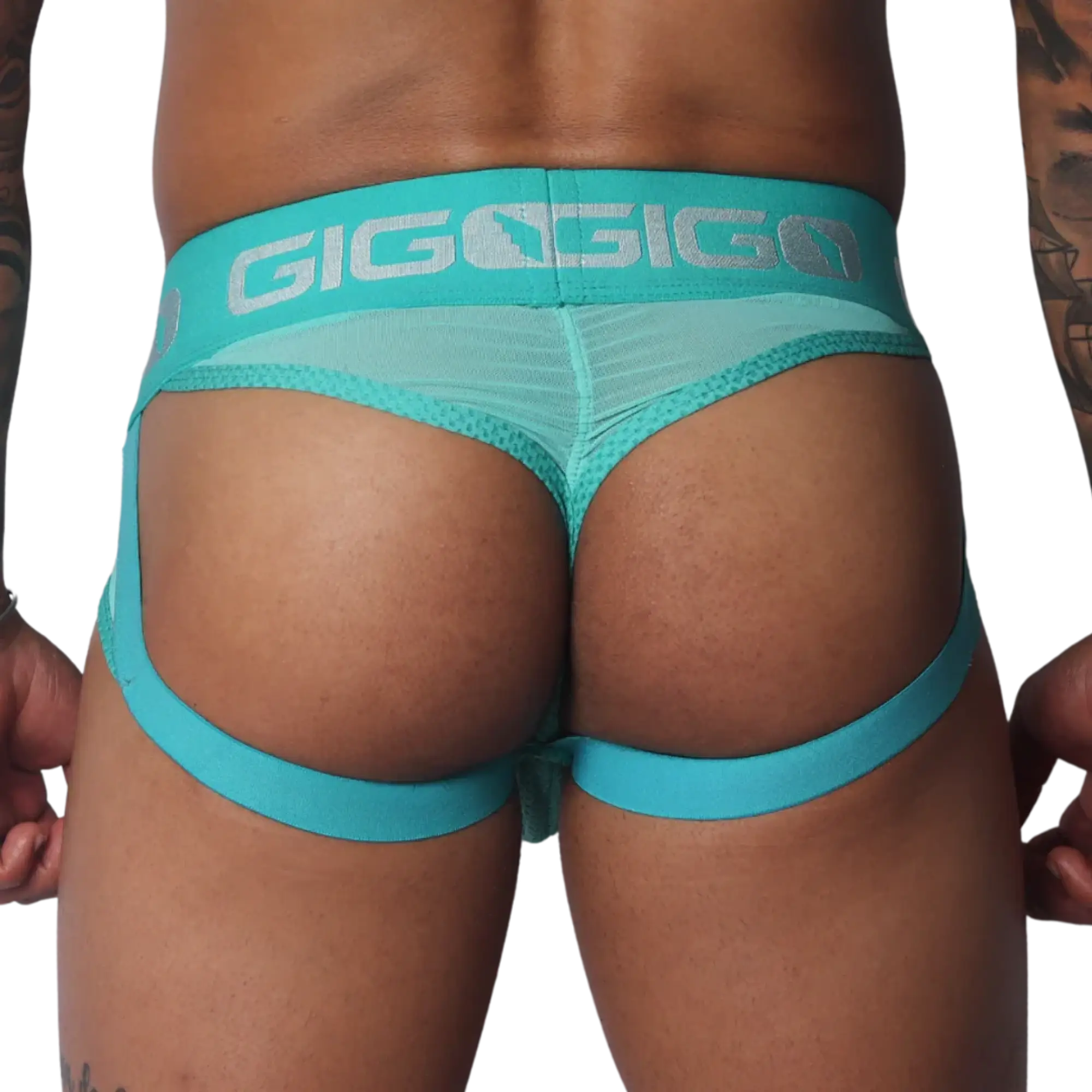 Aqua jockstrap made of sheer mesh with a thick branded waistband and elastic leg straps.
