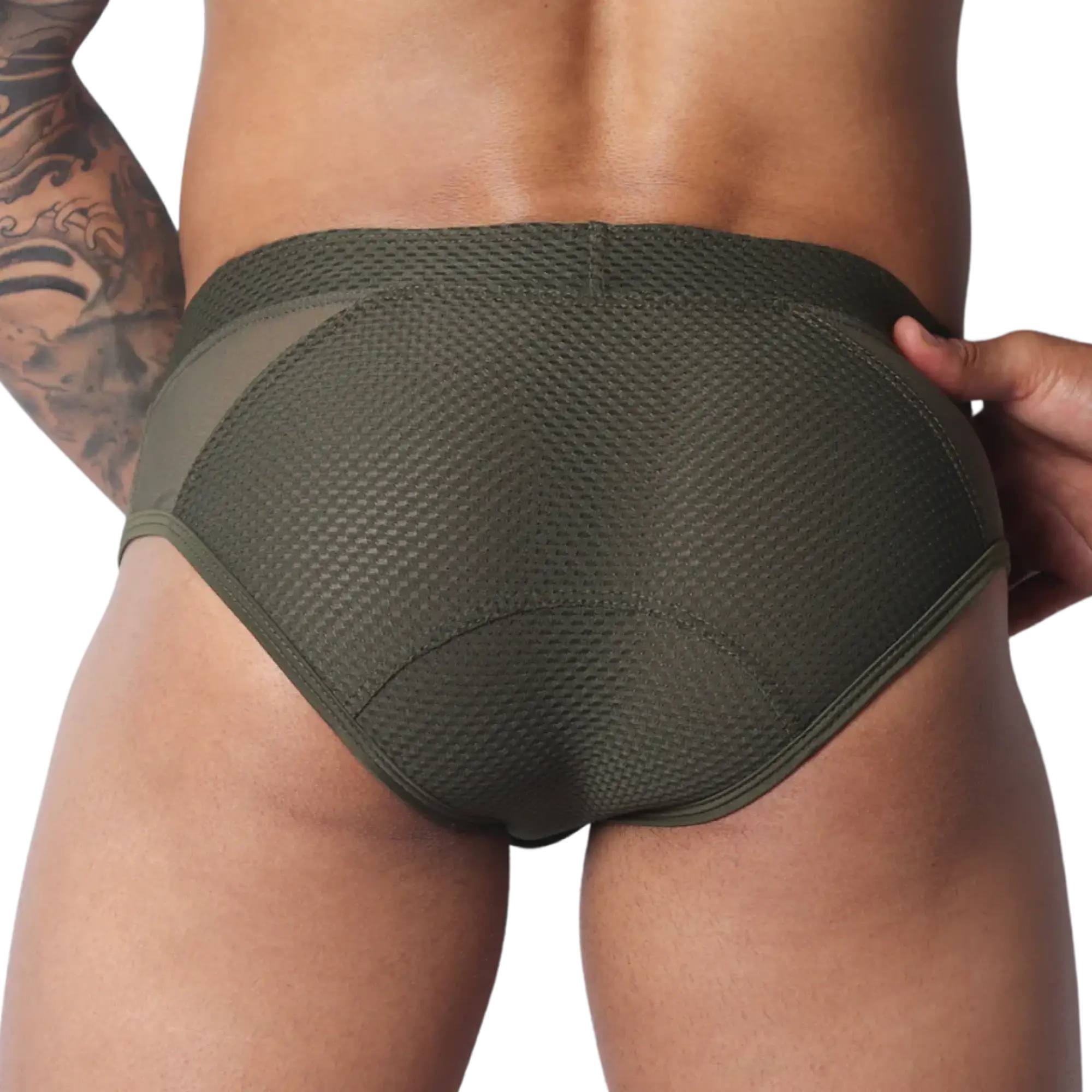 Olive green athletic briefs in textured mesh fabric with smooth side panels and rear contoured stitching.