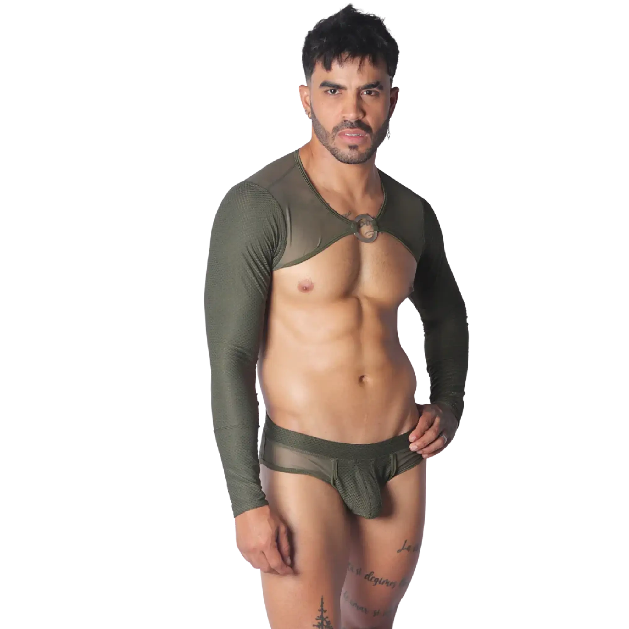 Olive green mesh bolero-style harness with long sleeves, circular chest ring, and matching low-rise mesh brief.