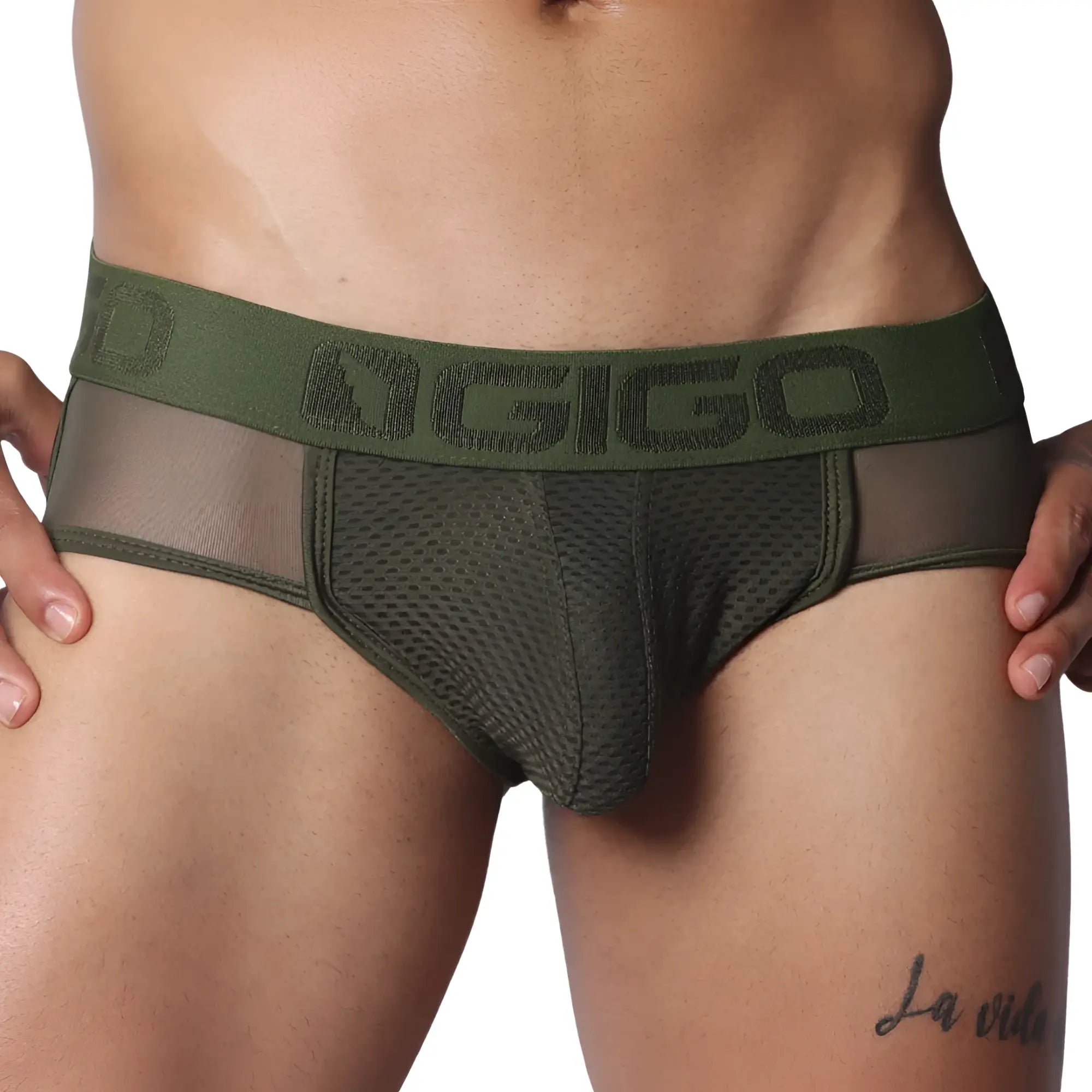 Olive green jock thong with mesh front pouch, sheer side panels, and a branded elastic waistband.