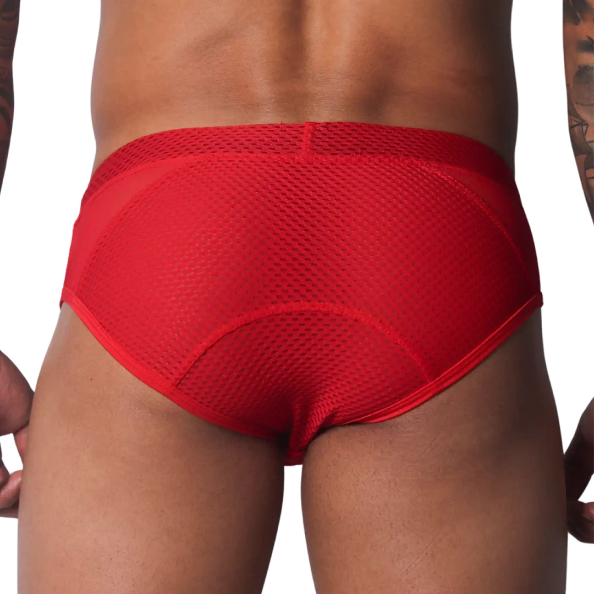 Bright red athletic-style brief with a breathable mesh back panel and solid fabric waistband and side details.