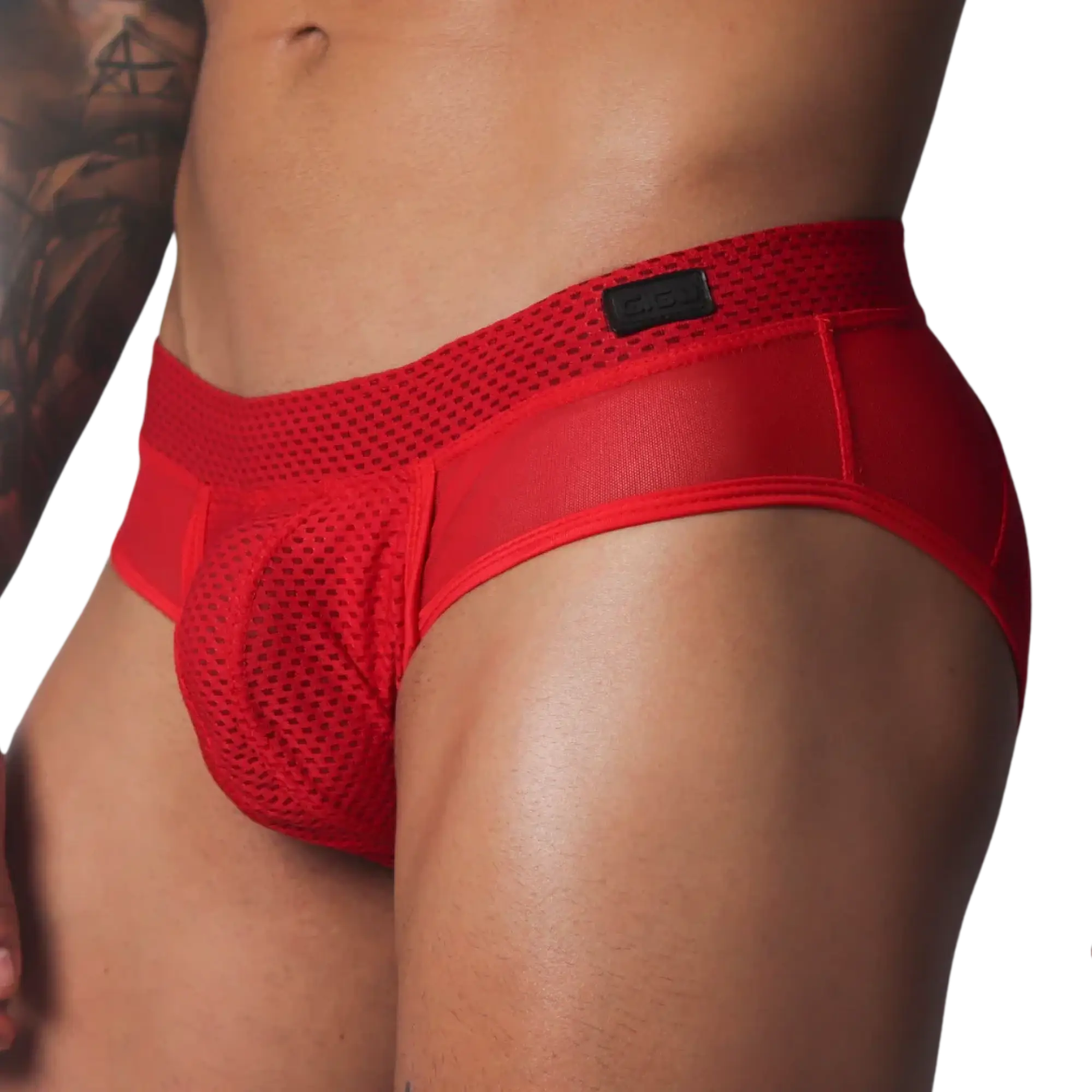 Red mesh athletic brief with a supportive pouch, wide textured waistband, and a black Gigo logo patch.