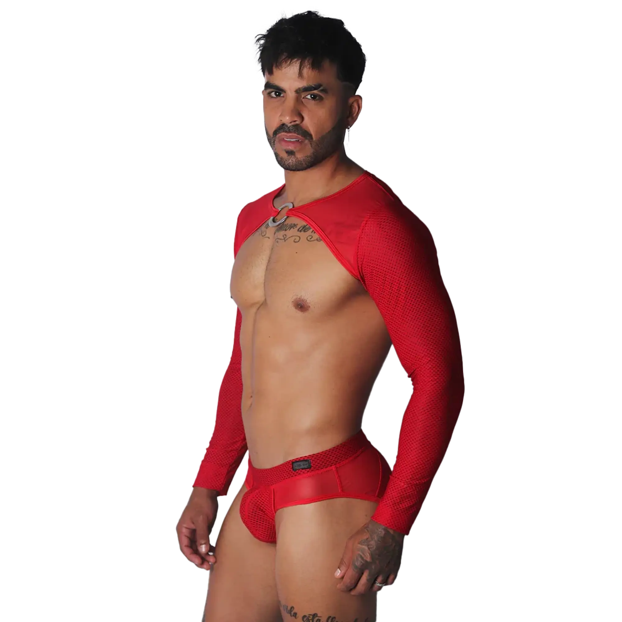 Red mesh long-sleeve harness with a center metal ring and matching red mesh briefs on a shirtless man.