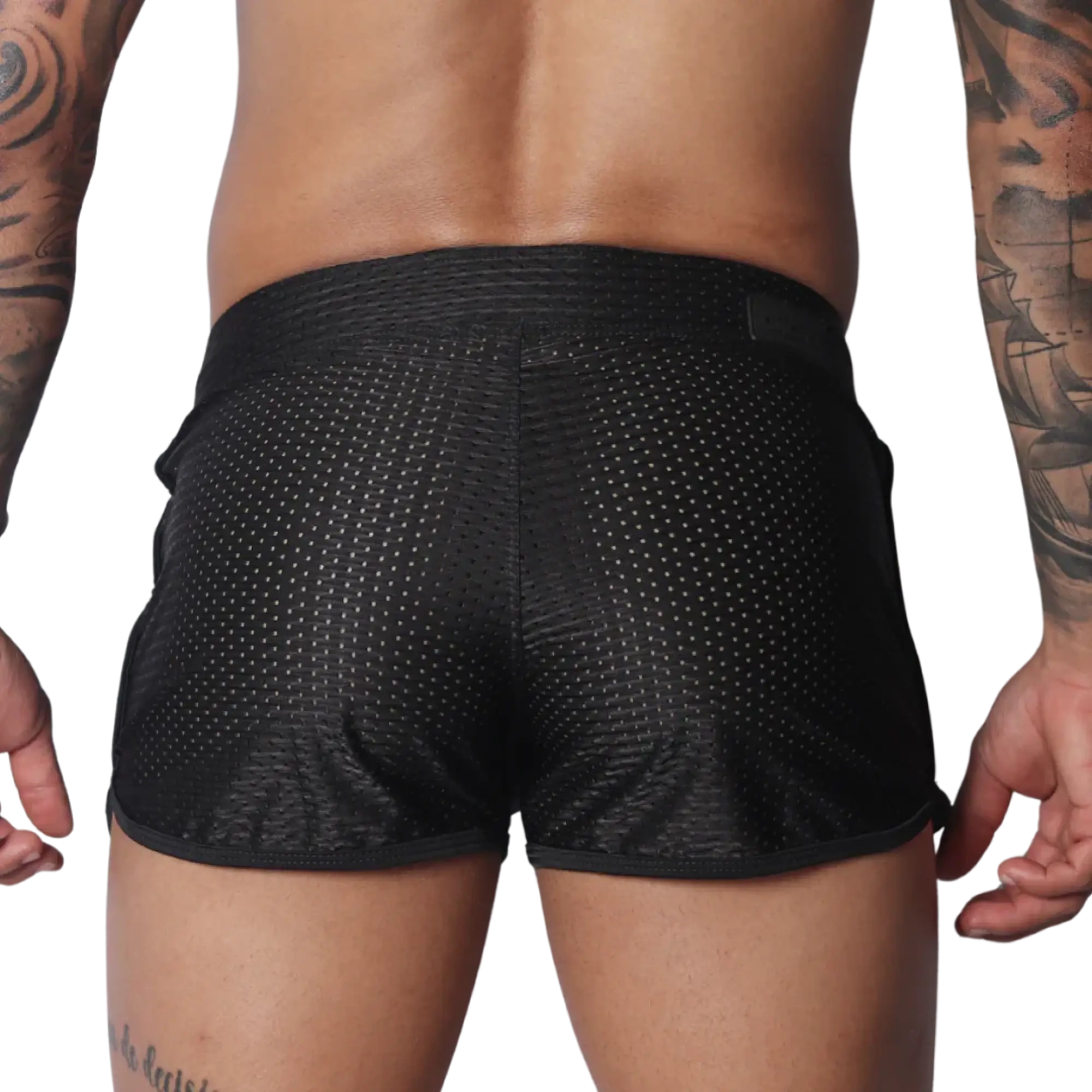 Black athletic short shorts in breathable mesh fabric with a solid waistband and slim, rounded hem.