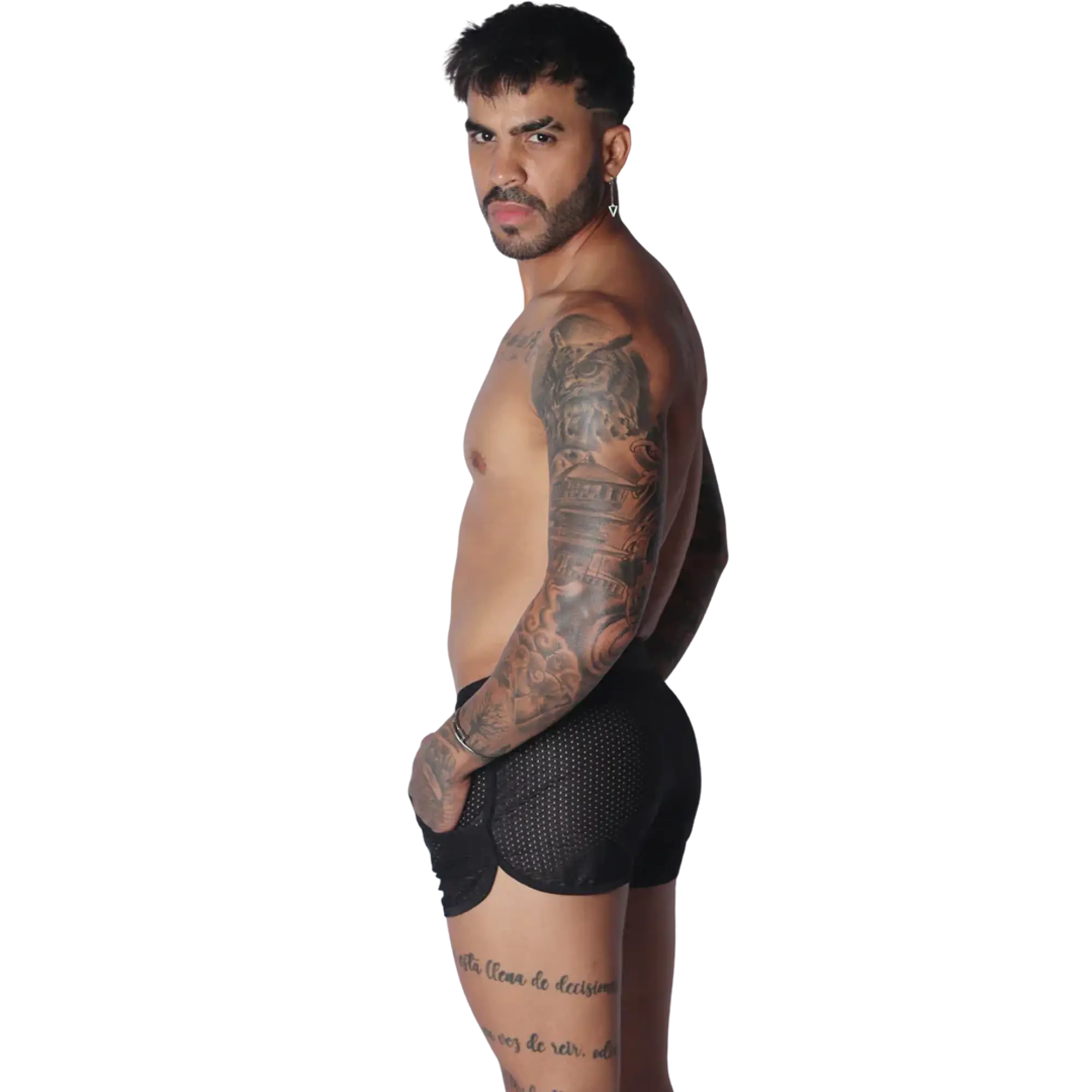 Black athletic mesh short with a curved hemline and pocket detail, worn by a shirtless man.