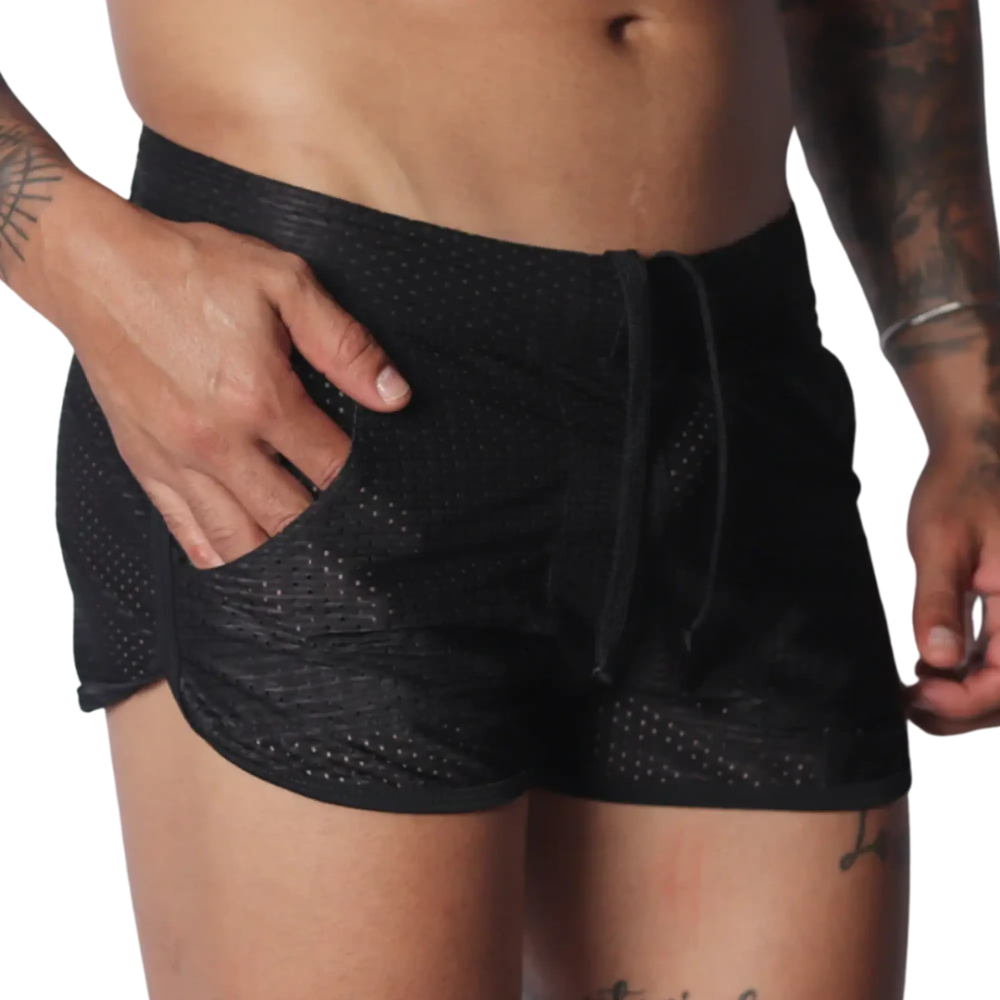 Black mesh athletic shorts with a drawstring waistband, side pockets, and short, curved hem design.