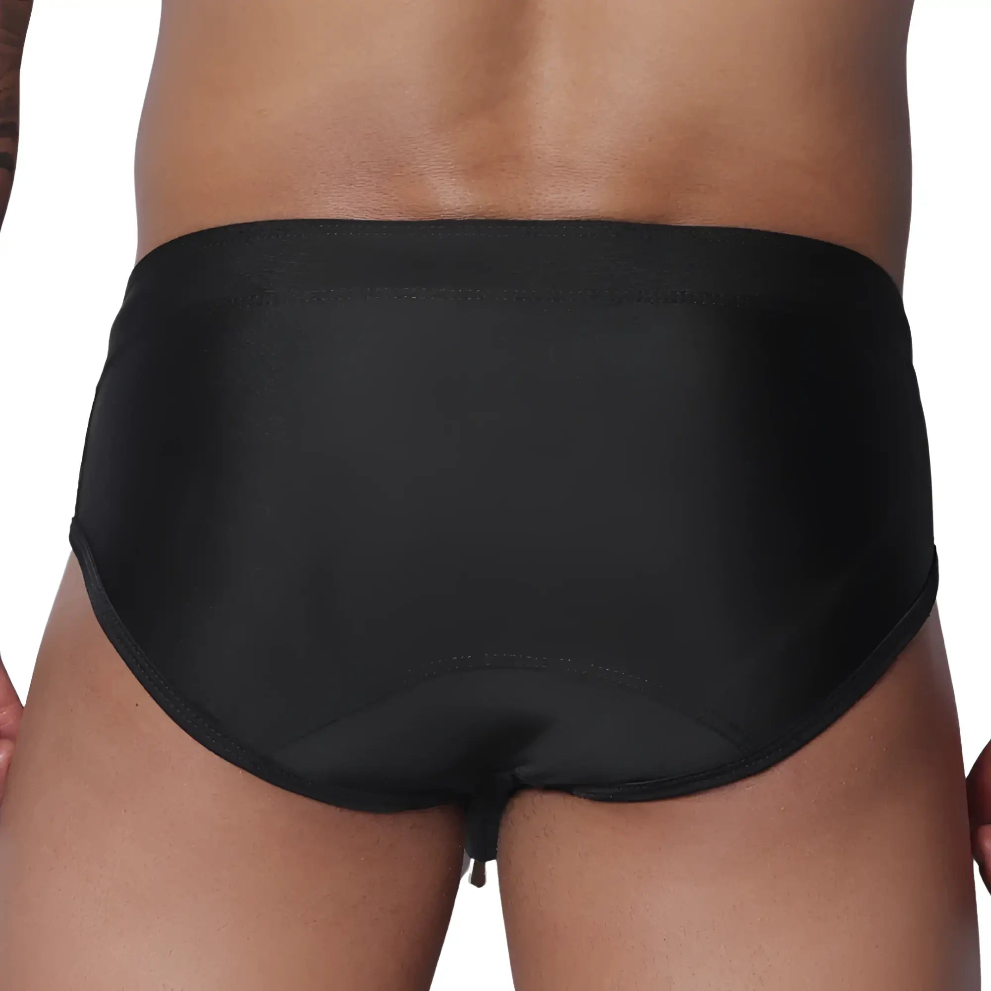 Solid black swim brief in a minimalist, sleek style with a wide waistband and smooth, fitted fabric.