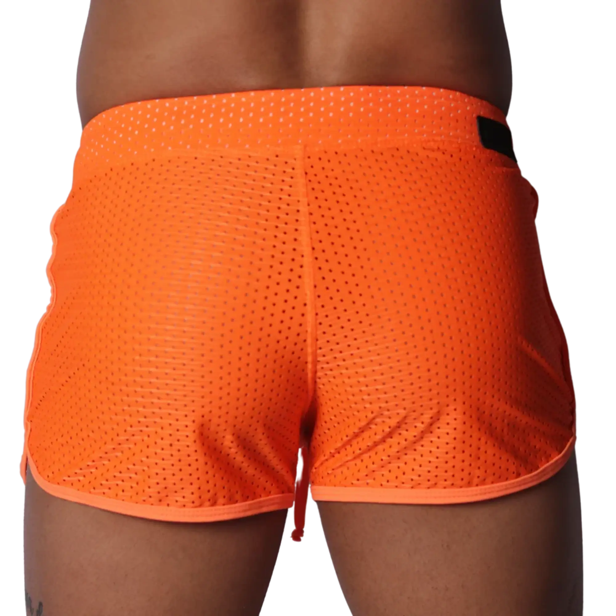 Bright orange athletic mesh shorts with a thick waistband and contrasting orange hem trim.