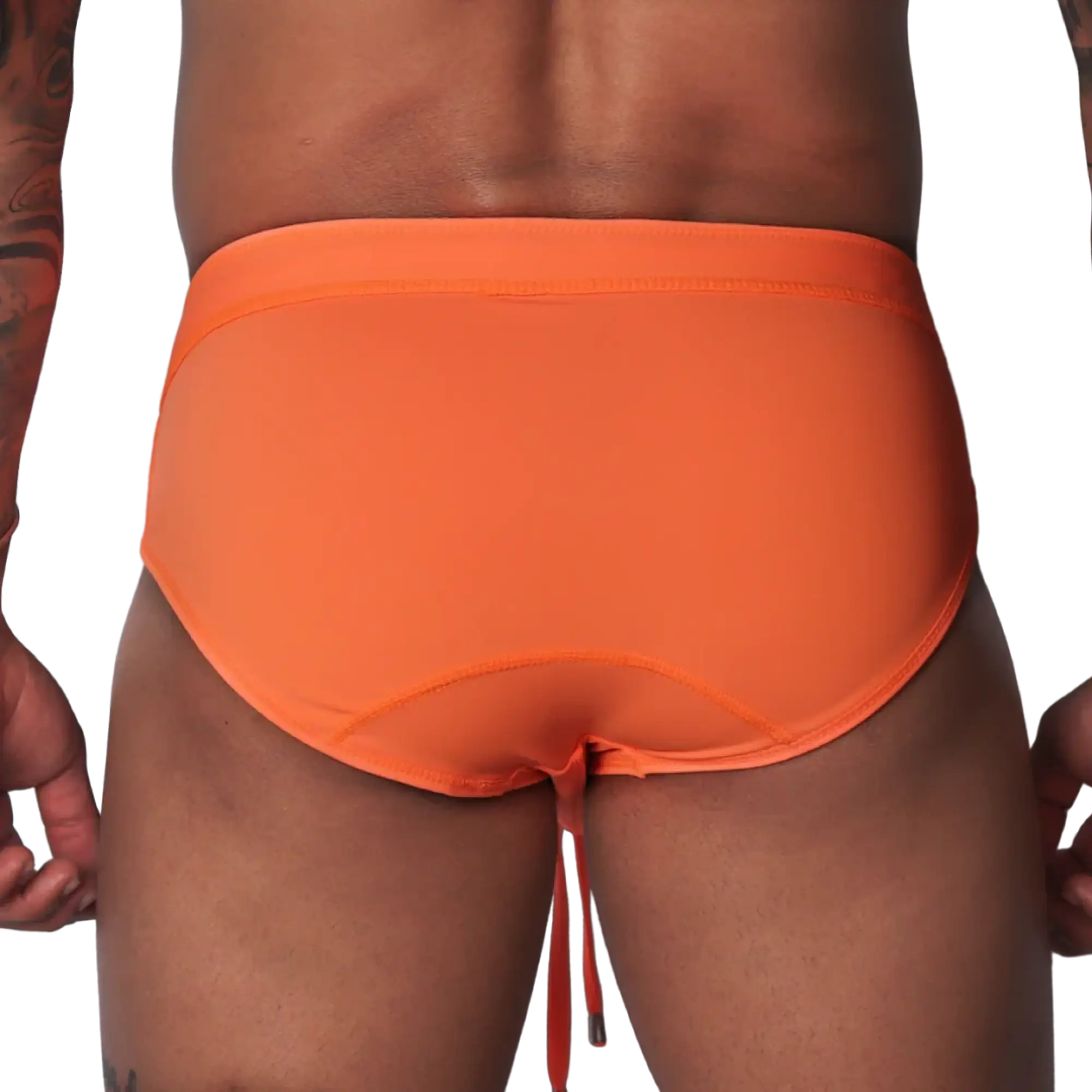Bright orange swim brief with a wide waistband, contoured back seams, and dangling drawstring against black background.