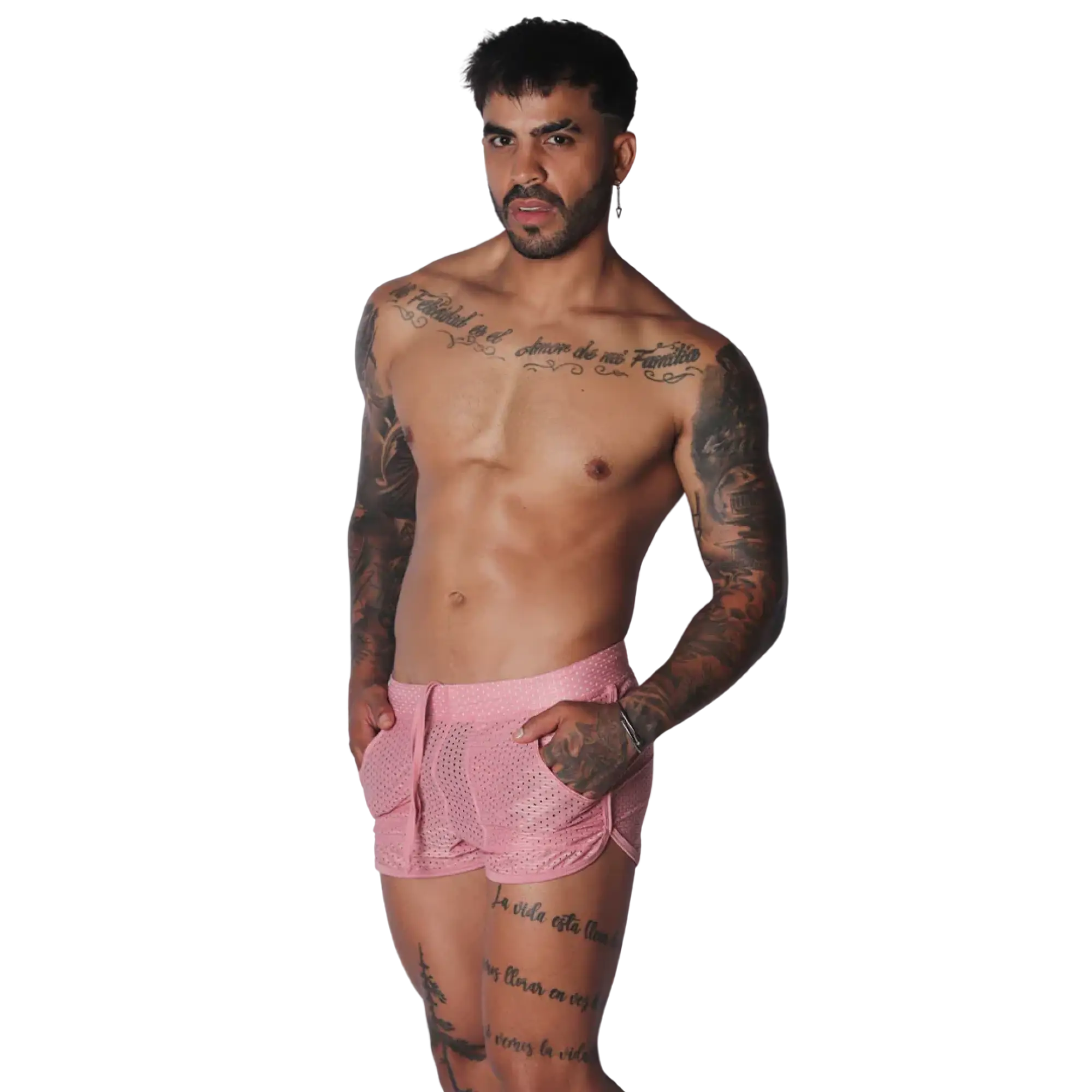 Pink, short-length athletic mesh shorts with a drawstring waist, side pockets, and rounded hem.