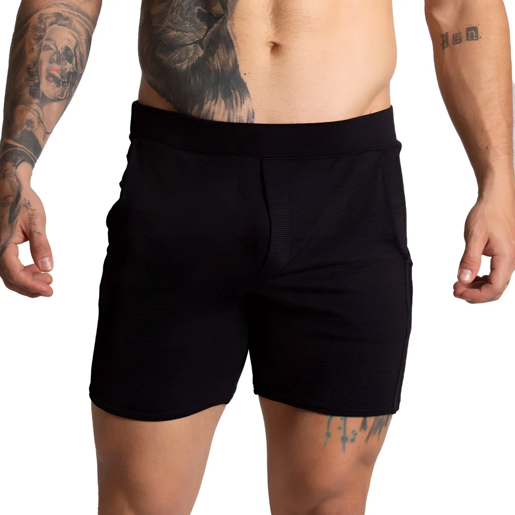 Gigo F Fetish black textured shorts with ribbed waistband and side pockets for comfortable casual wear
