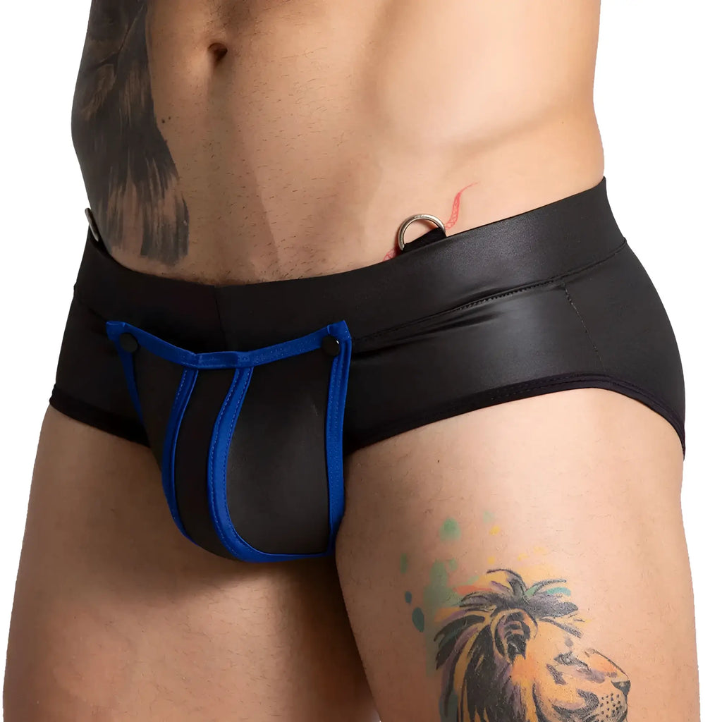 Black and blue leather-trimmed men’s briefs with a shiny form-fitting design from Gigo F Fetish Blue Brief collection