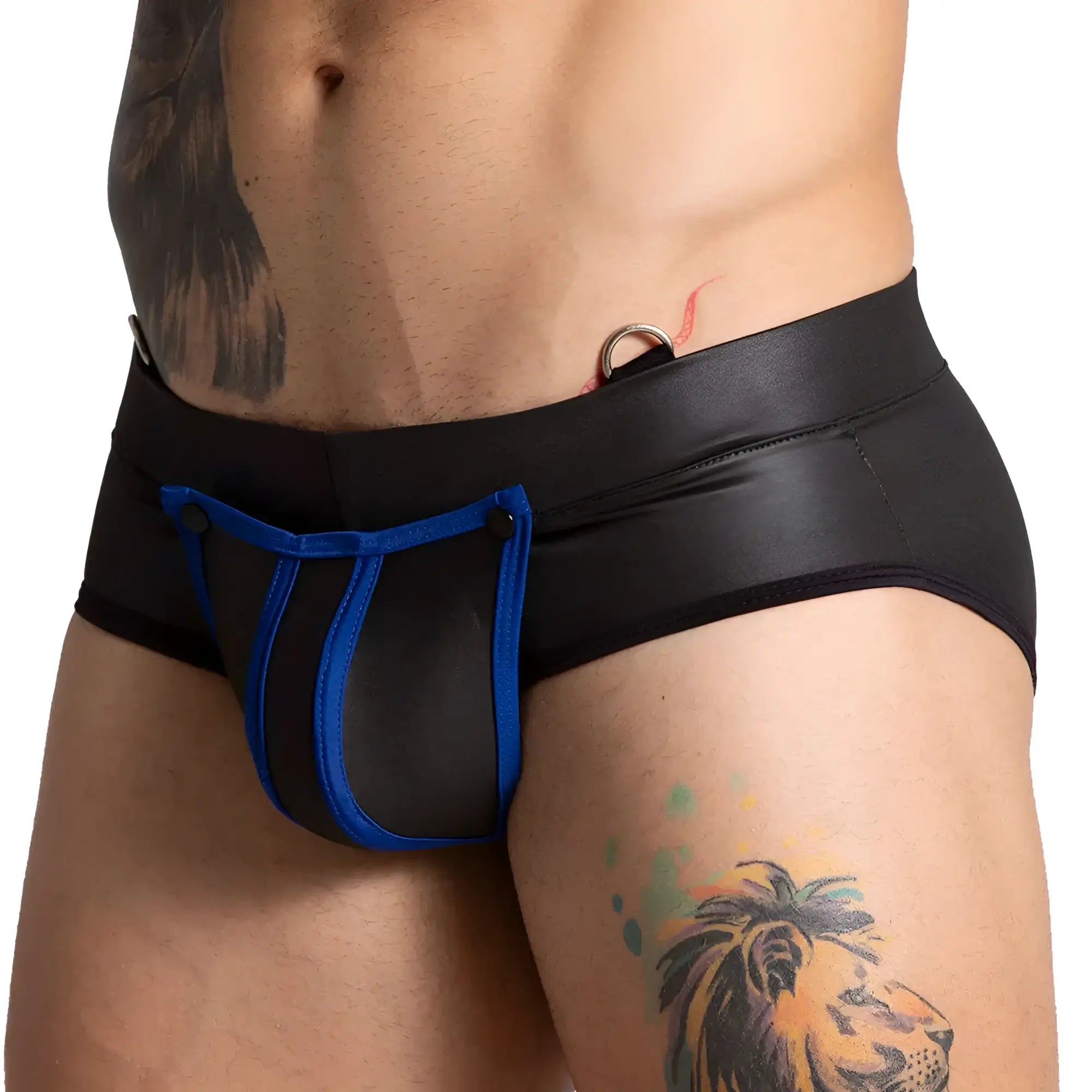 Black and blue leather-trimmed men’s briefs with a shiny form-fitting design from Gigo F Fetish Blue Brief collection