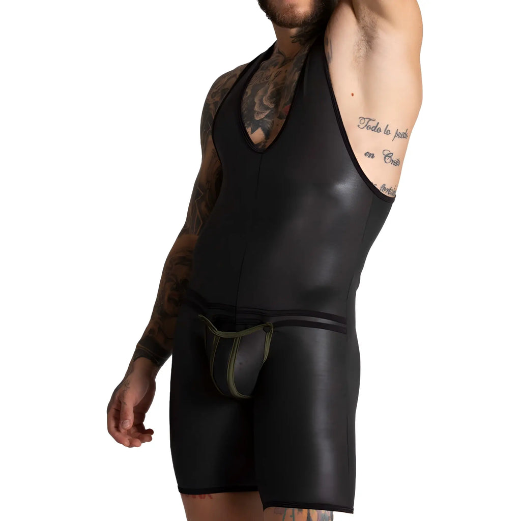 Black glossy faux leather men’s bodycon tank top with deep v-neckline and integrated briefs from Gigo F Fetish Green Body