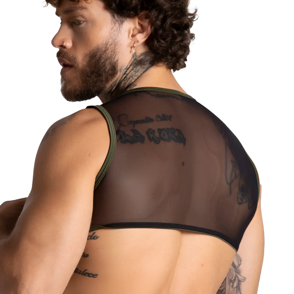 Olive green sheer mesh tank top with black trim from gigo f fetish green harness collection