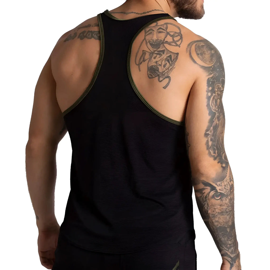 Black athletic tank top with olive green trim along neckline and armholes from Gigo F Fetish Green Tank collection