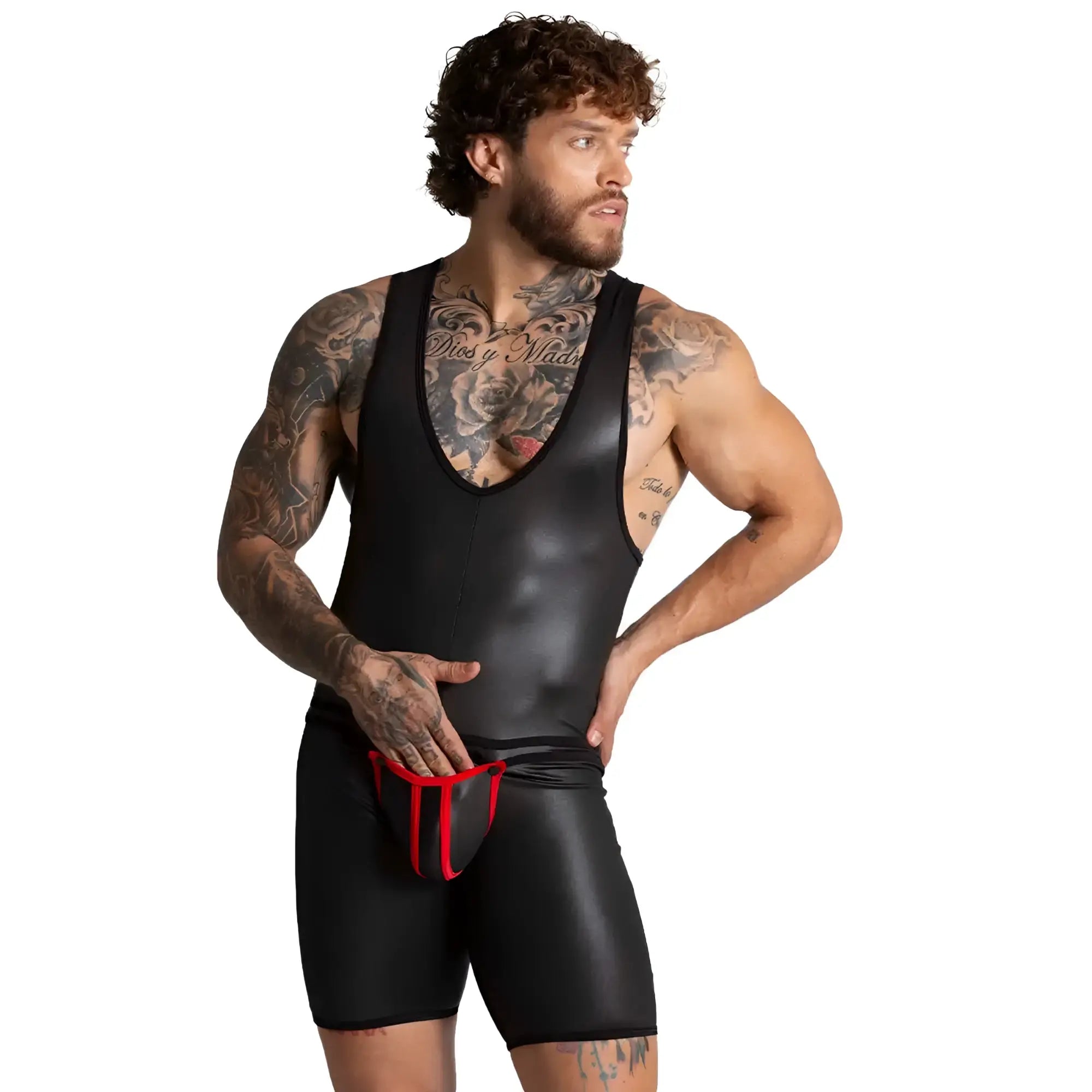 Black glossy latex wrestling singlet with red trim around waistband from Gigo F Fetish Red Body collection