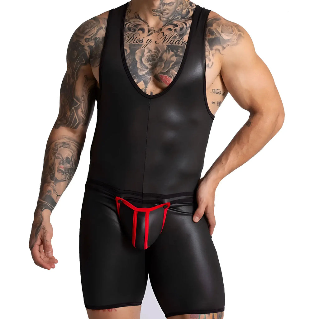 Black shiny faux leather tank top with red trim and central front panel from gigo f fetish red body collection