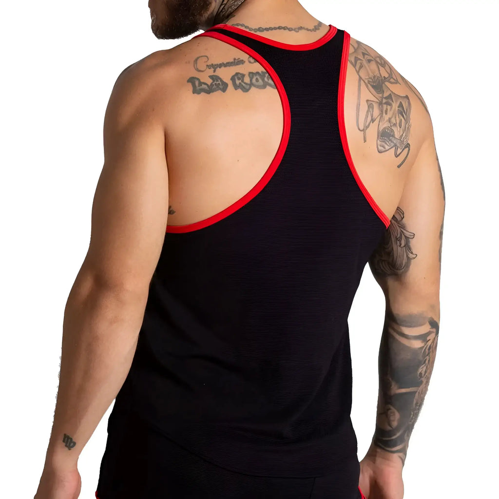 Black ribbed tank top with red trim on neckline and armholes from gigo f fetish red tank collection