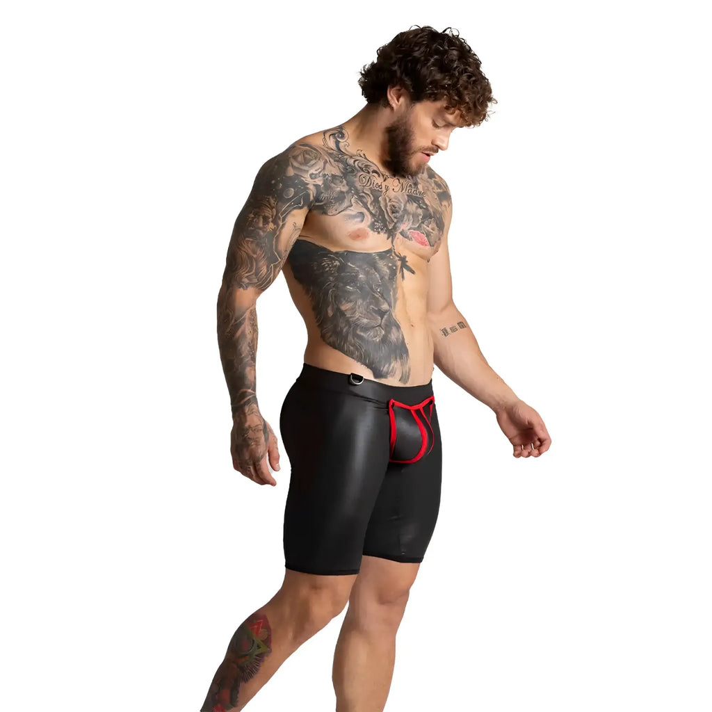 Black glossy leather-like men’s briefs with red elastic waistband and trim gigo f fetish red trunk long