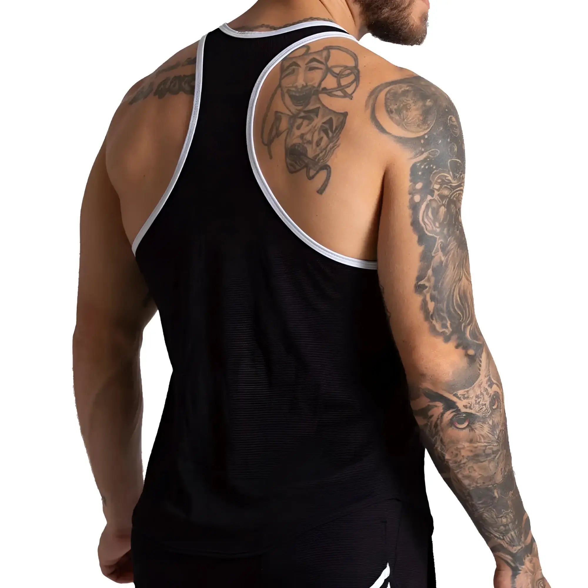 Black athletic tank top with white trim around neckline and armholes from Gigo F Fetish White Tank collection