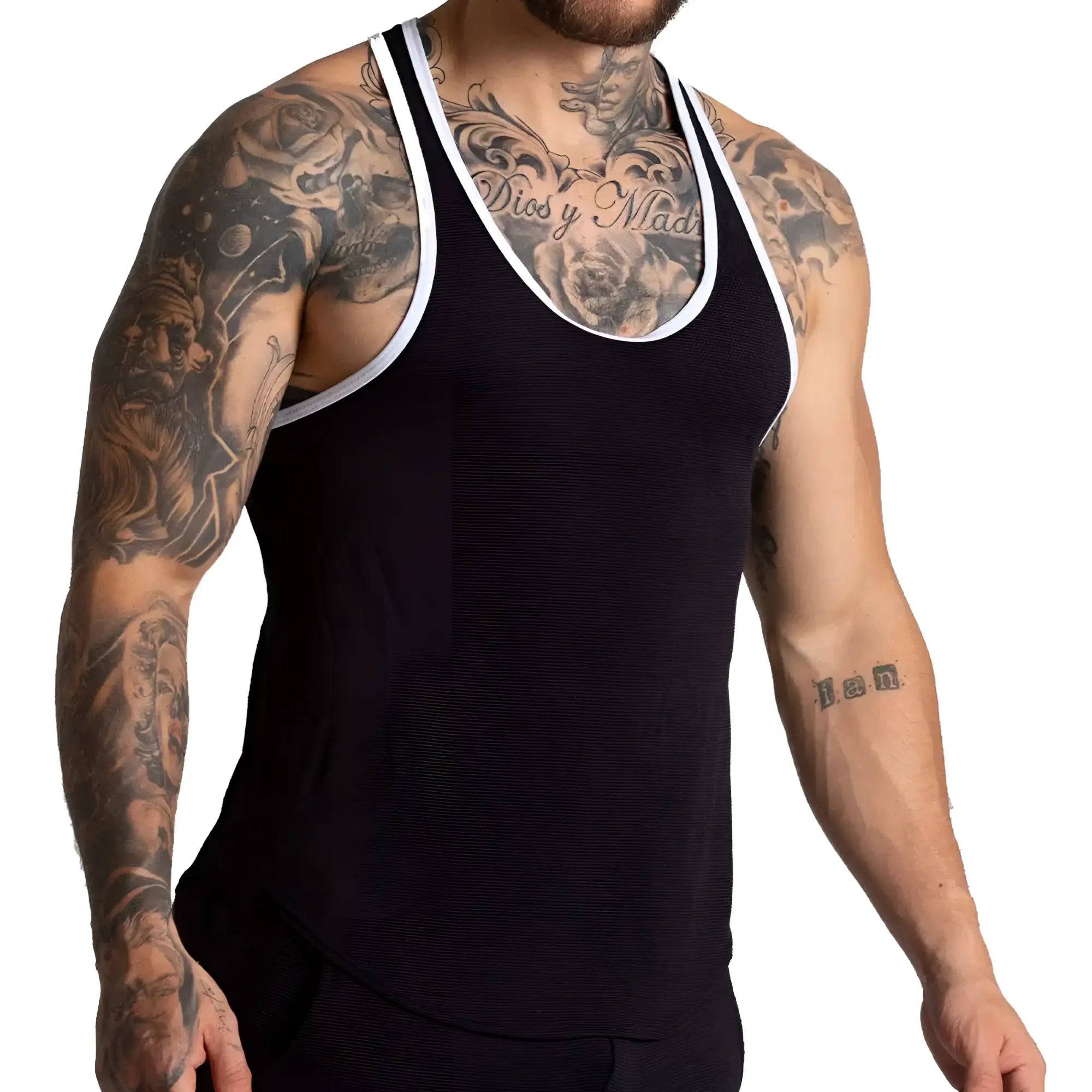Black ribbed tank top with white trim by Gigo F Fetish featuring a slim fit and breathable fabric for casual wear