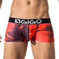 Red and black patterned men’s briefs with black waistband featuring gigo logo in white gigo fast short boxer underwear size l