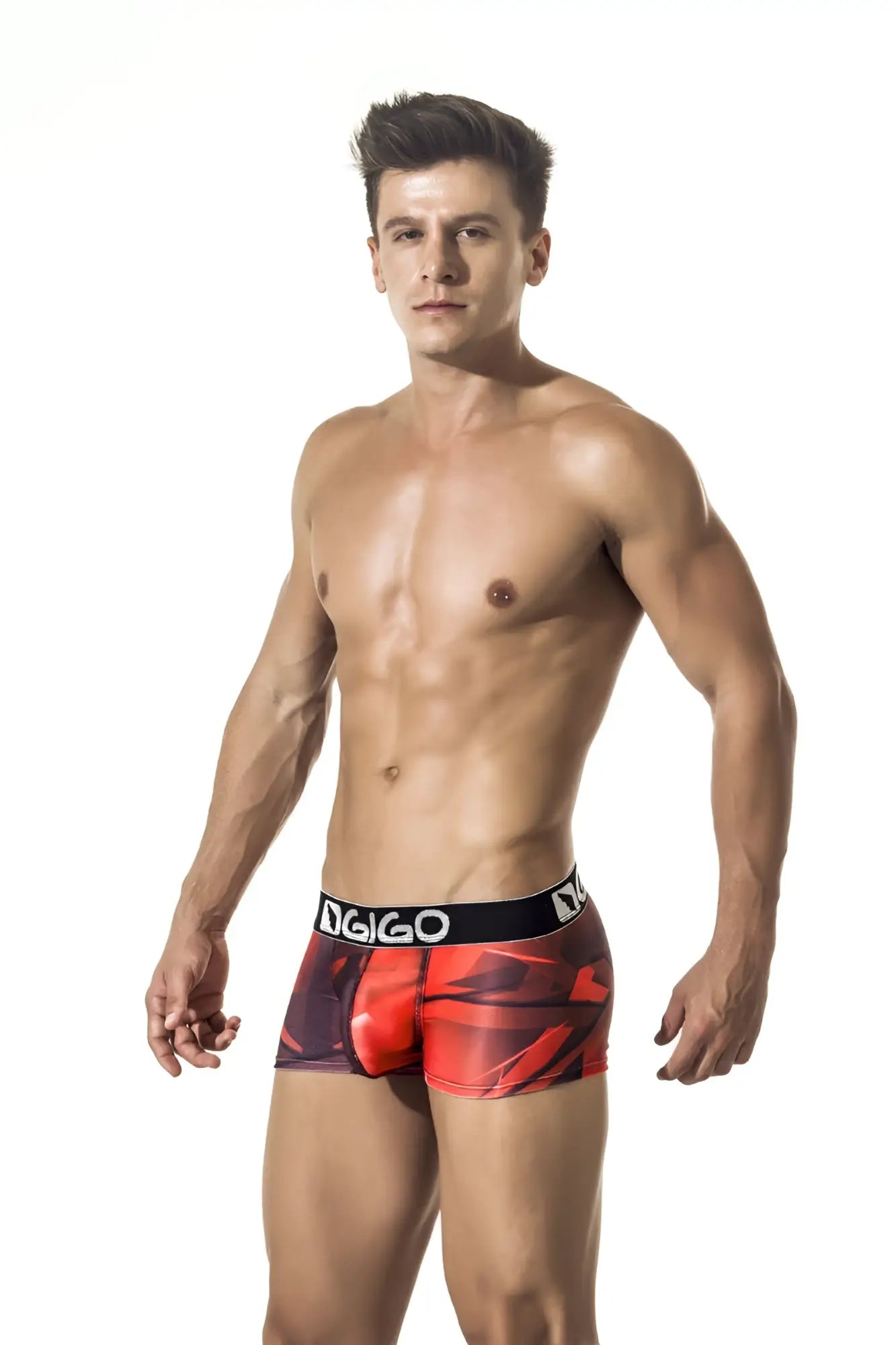 Red and black patterned men’s gigo fast short boxer underwear with black waistband branded ngigo size l