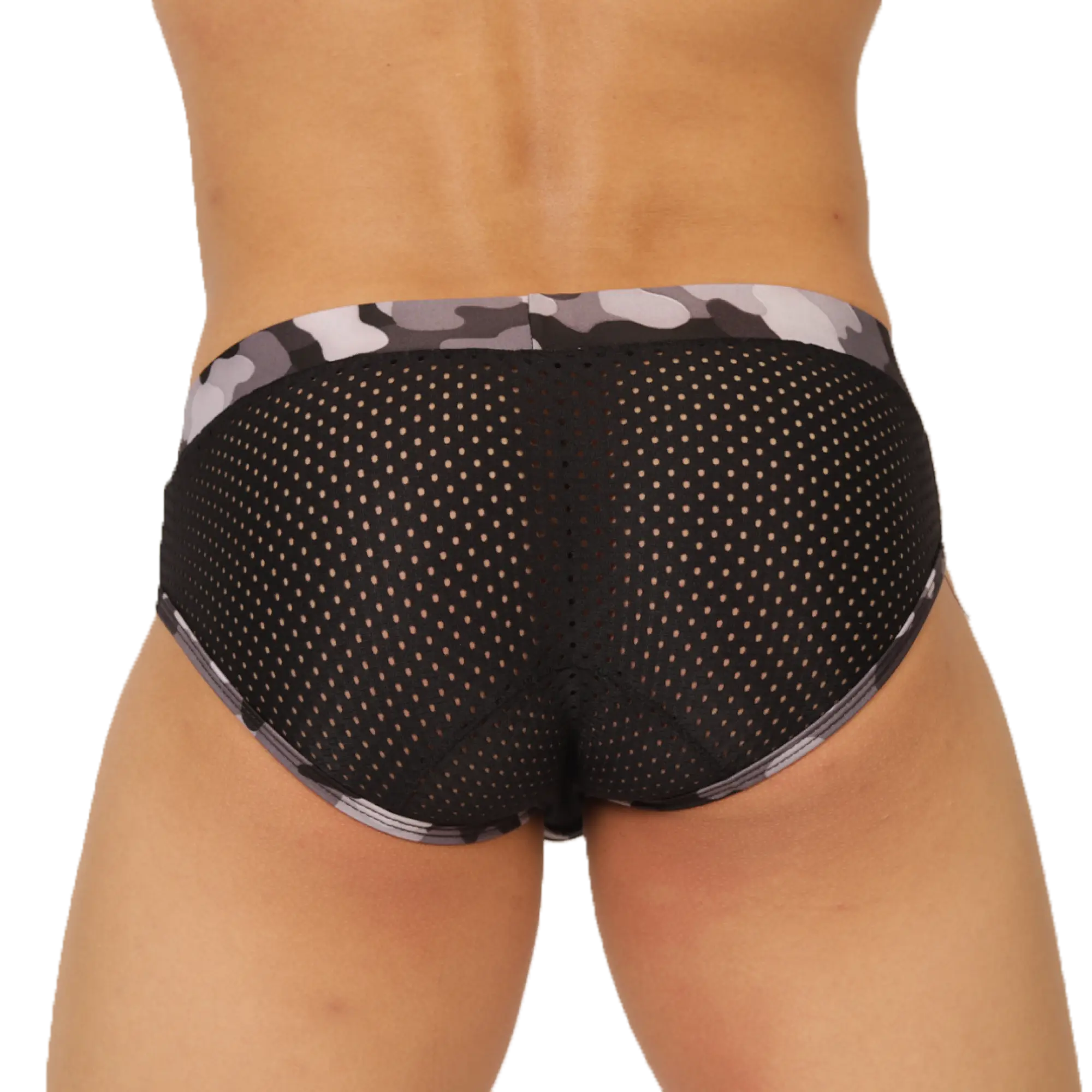 Black mesh briefs with gray and white camouflage waistband from gigo feeling black brief collection