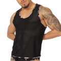 Gigo Feeling Black Tank black mesh tank top with gray and white striped trim on neckline armholes and hem