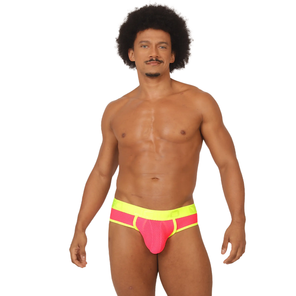 Gigo Feeling Candy brief bright pink and neon yellow mesh briefs with bold vibrant design