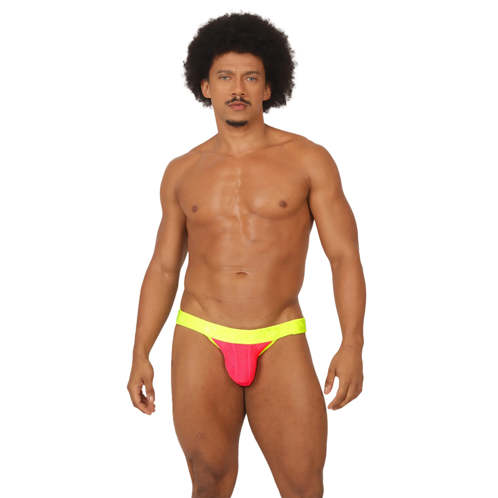 Vibrant neon pink and yellow gigo feeling candy jockstrap with mesh texture designed for athletic comfort