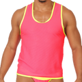 Bright pink mesh tank top with neon yellow trim from Gigo feeling candy tank collection for casual wear
