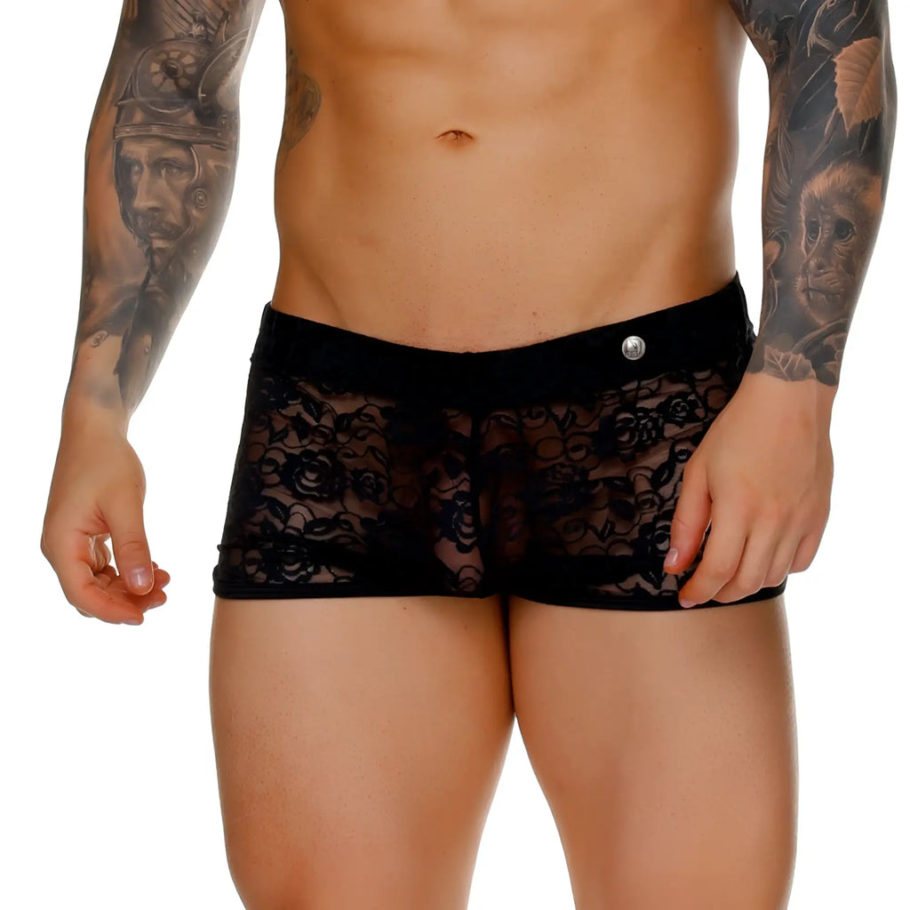 Black lace men’s briefs with floral pattern and solid black waistband with silver button from gigo female black hotshort collection