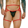 Red satin harness with black lace insert and silver metal rings from gigo female black red jockstrap gelbert belt