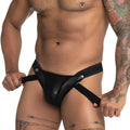 Gigo Fetiche black jockstrap in black leather-like material with silver-toned snap buttons and adjustable side straps