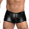 Gigo Fetiche black trunk shiny faux leather briefs with sleek form fitting design and silver button on the waistband