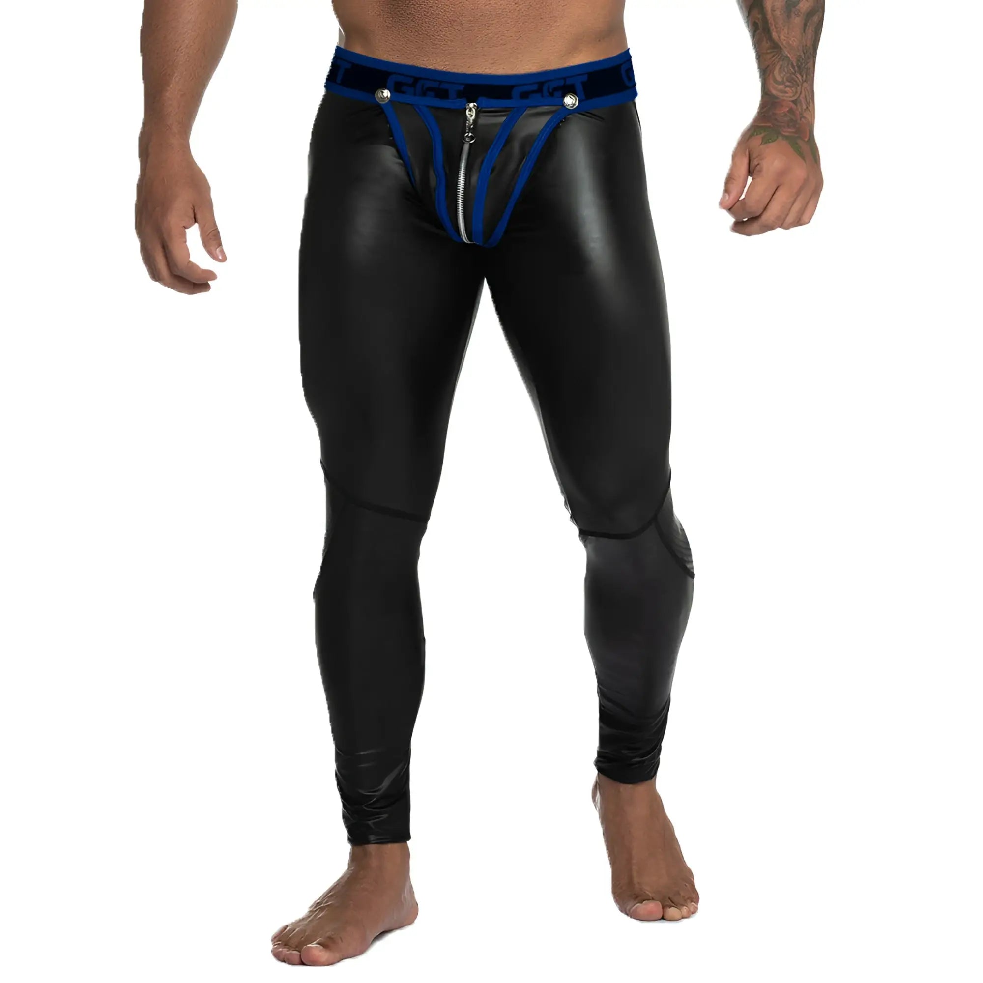 Black patent leather leggings with blue elastic waistband and front zipper detail from gigo fetiche blue zipper leggins