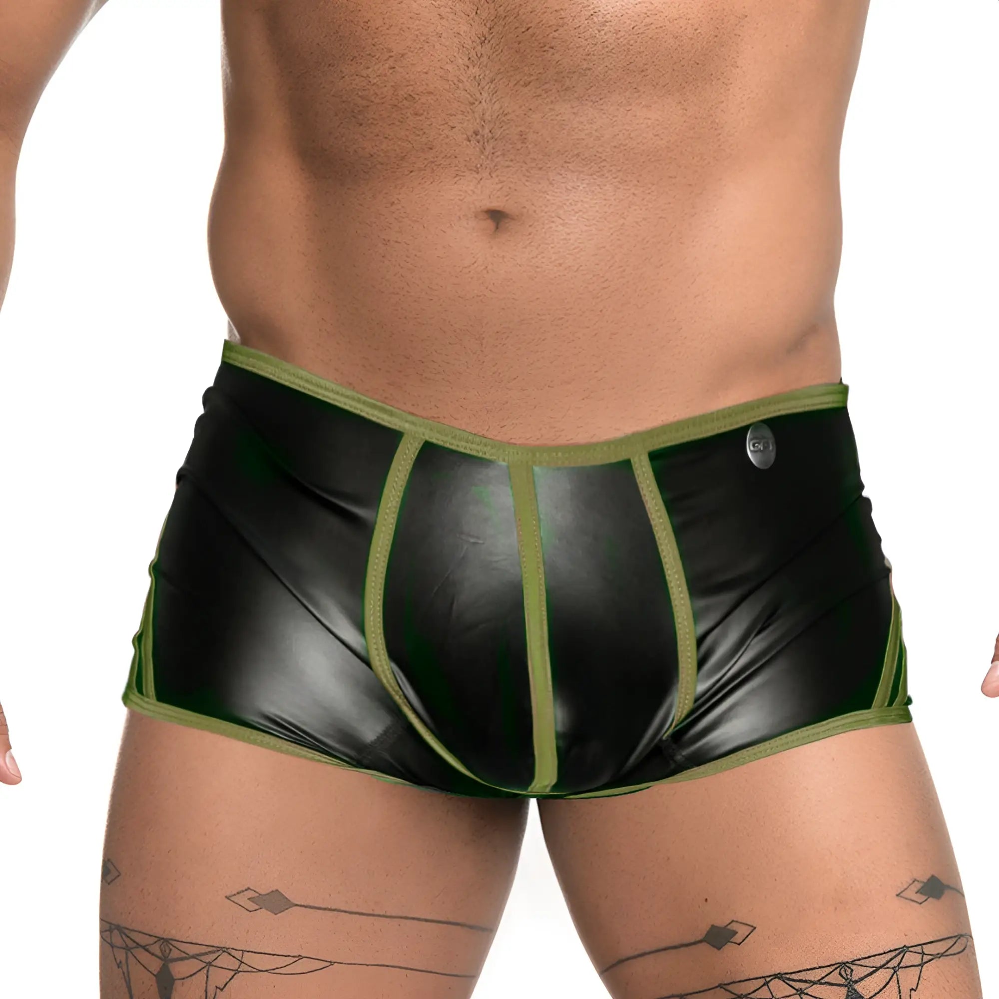 Gigo Fetiche Green Trunk black patent leather briefs with olive green trim and sleek form-fitting design