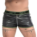 Gigo Fetiche green zipper short black patent leather with central front zipper and olive green elastic get logo waistband