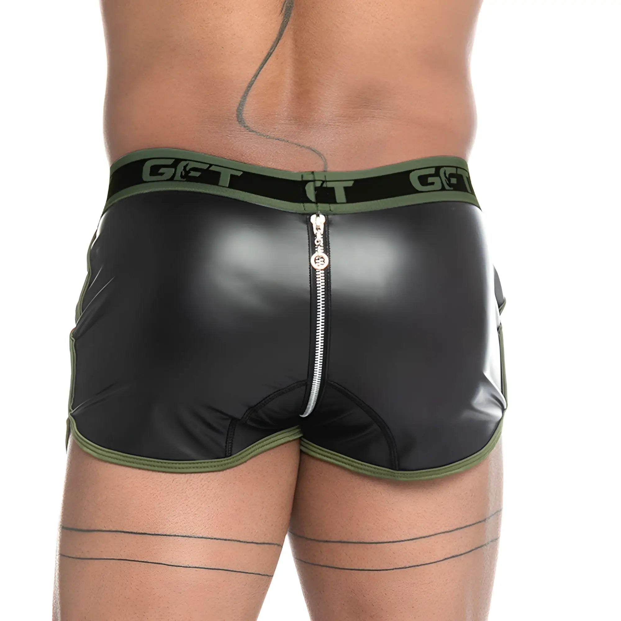 Black patent leather shorts with olive green trim and central zipper featuring get brand logo on waistband gigo fetiche green zipper short