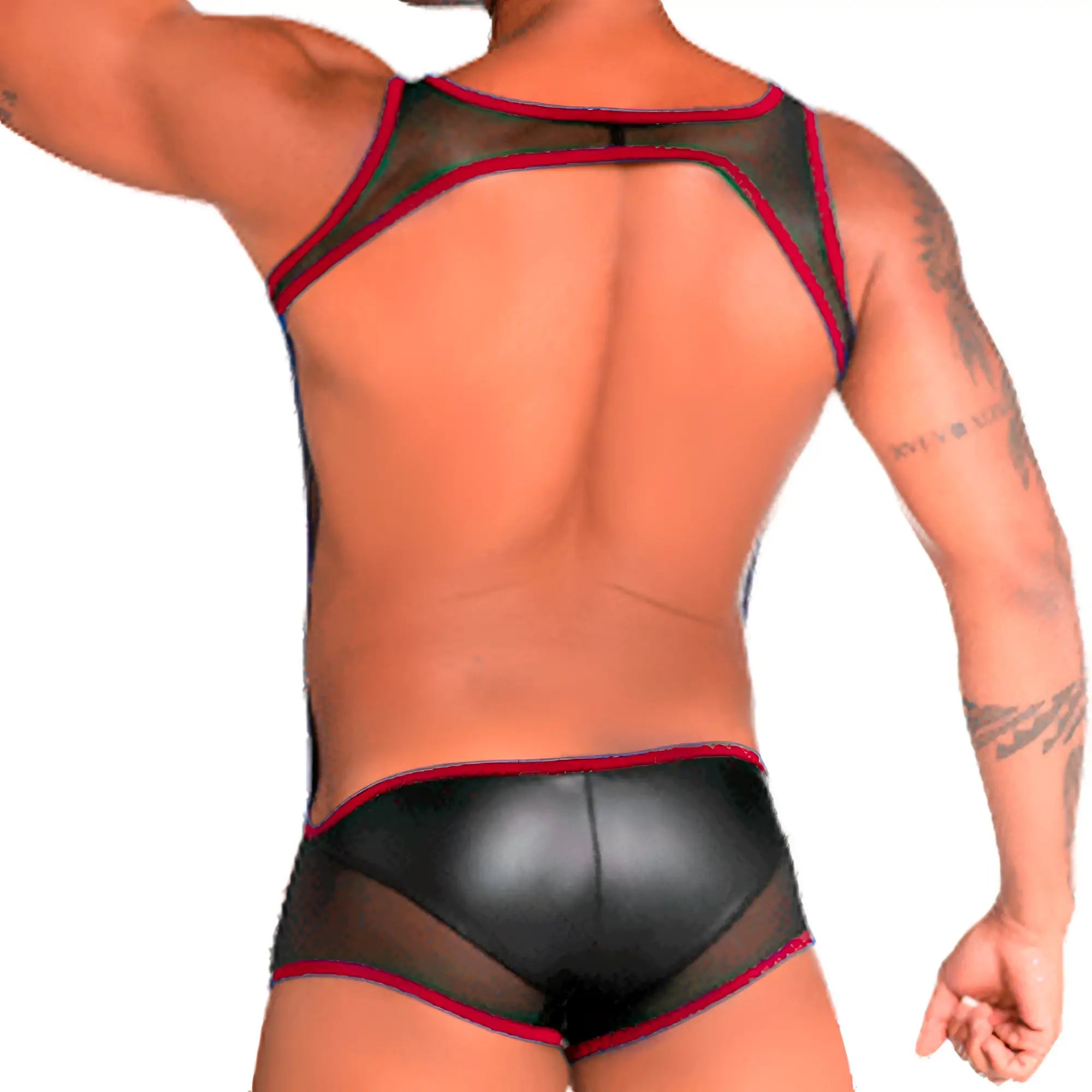 Black and red mesh-backed men’s briefs with shiny faux leather finish from gigo fetiche red singlet collection