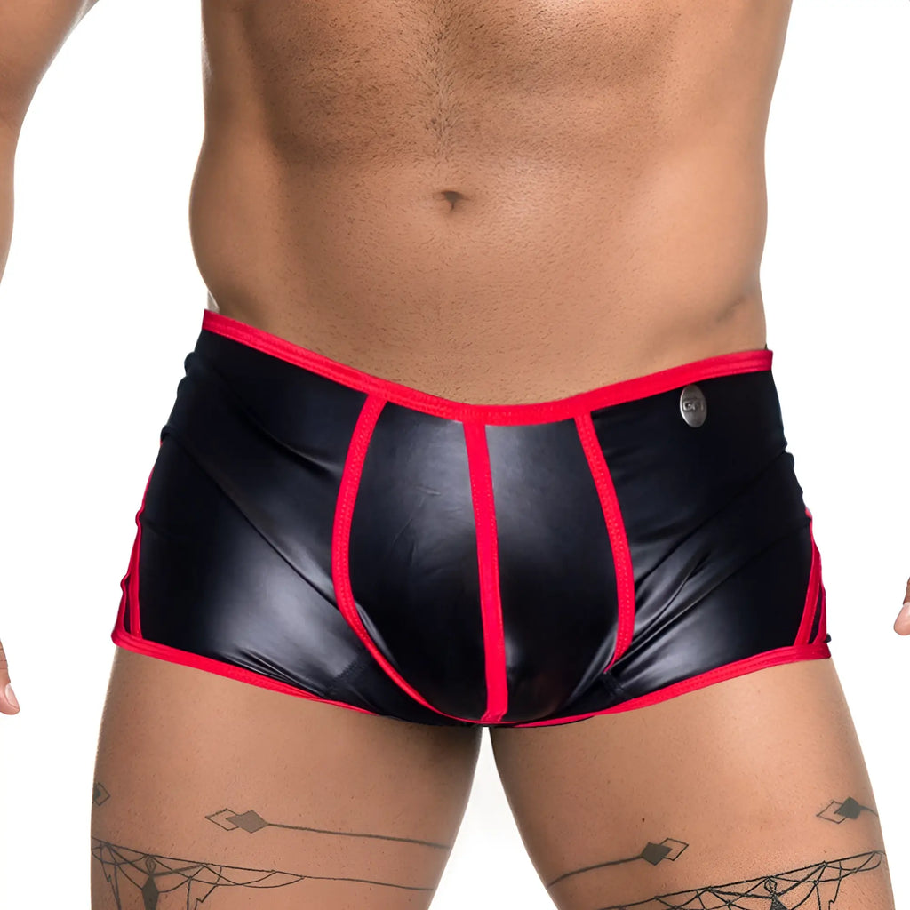 Black shiny latex briefs with bold red trim and a silver button on the waistband gigo fetiche red trunk
