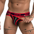 Black and red mesh Gigo Fetiche zipper brief jockstrap with silver zipper and get branding on waistband
