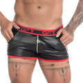 Black patent leather Gigo Fetiche red zipper shorts with red trim and get brand logo on the waistband