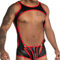 Gigo Fetiche red zipper singlet in black and red latex with mesh panels and silver zipper detail