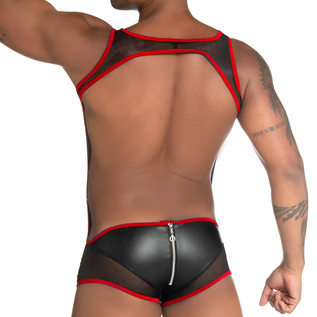 Black and red mesh-backed men’s briefs with shiny faux leather front panel and silver zipper from gigo fetiche red zipper singlet