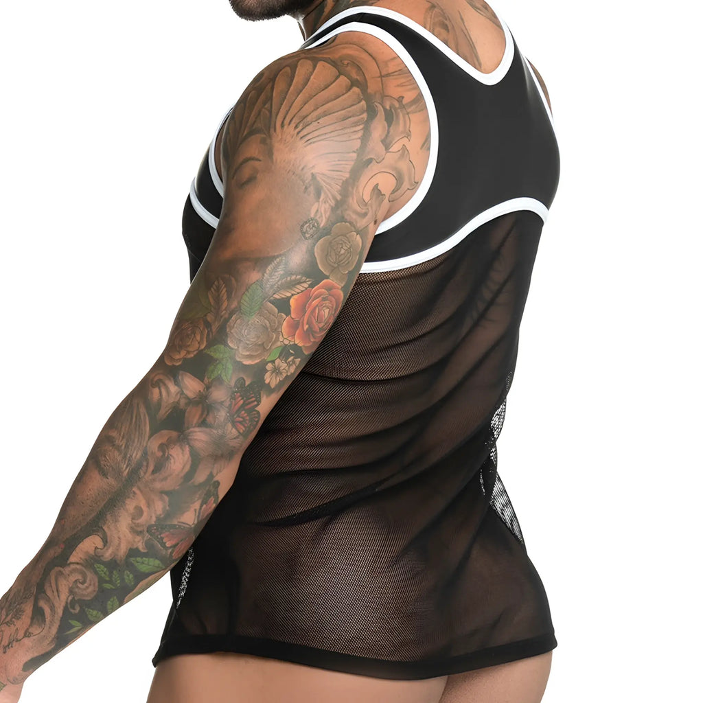 Black mesh Gigo Fetiche white tank top with white trim sheer form-fitting design for stylish layering