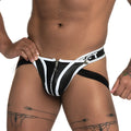 Black and white striped zipper front briefs with silver metal zipper pull from gigo fetiche white zipper jockstrap